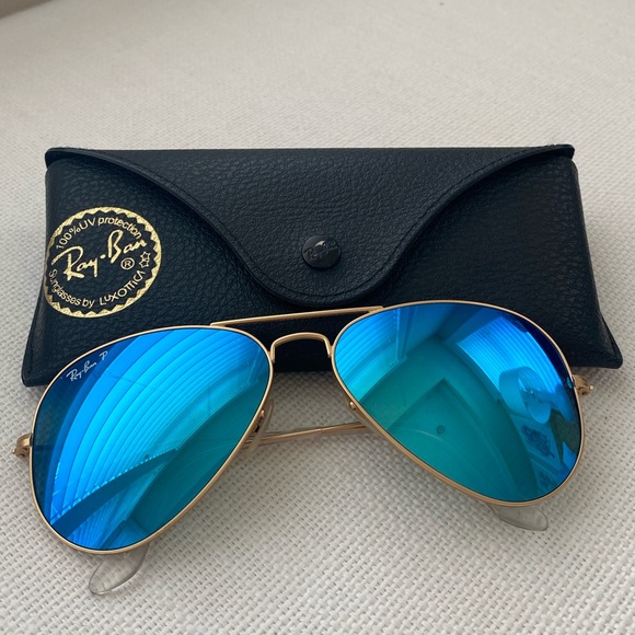 Ray Ban Polarized Flash Aviator - Blue Mirror & Gold Frame - Picture 2 of 9